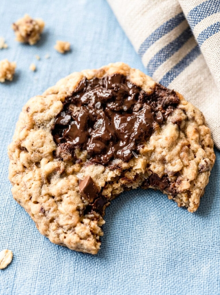 Dark chocolate oatmeal cookie with a bite taken out on a blue cloth.