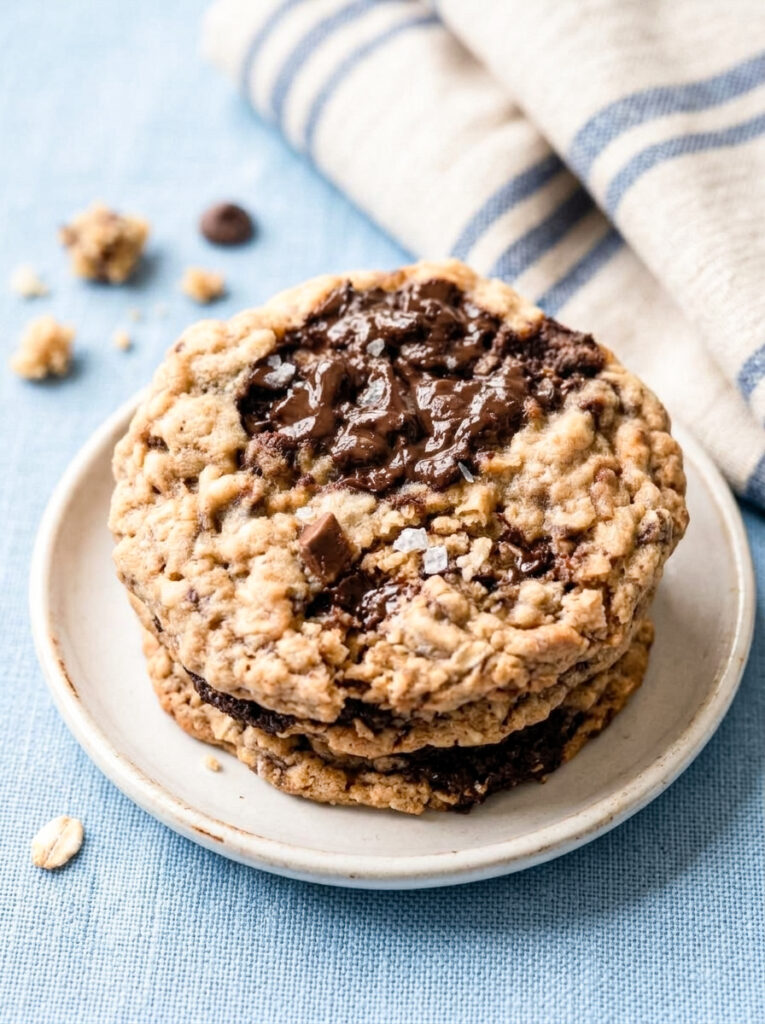 Dark chocolate oatmeal cookies with sea salt on a plate.