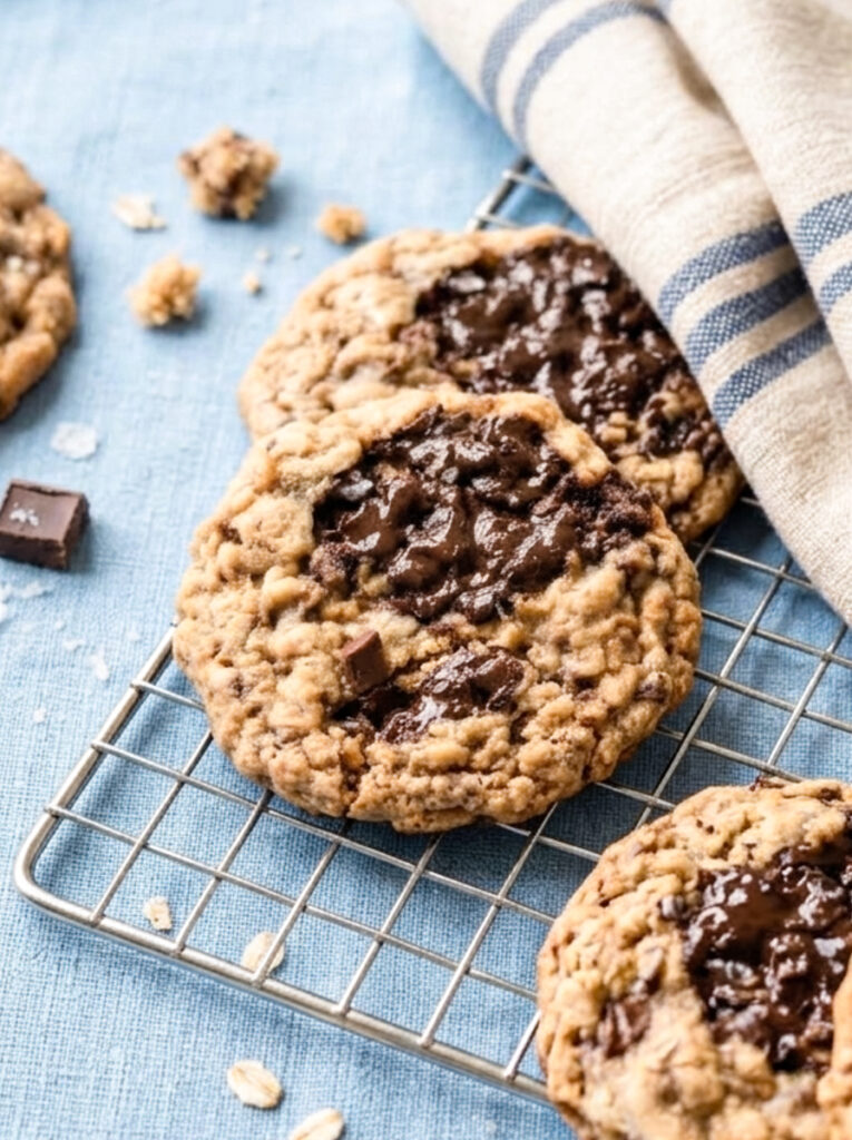 Dark chocolate oatmeal cookies on a wire cooling rack.