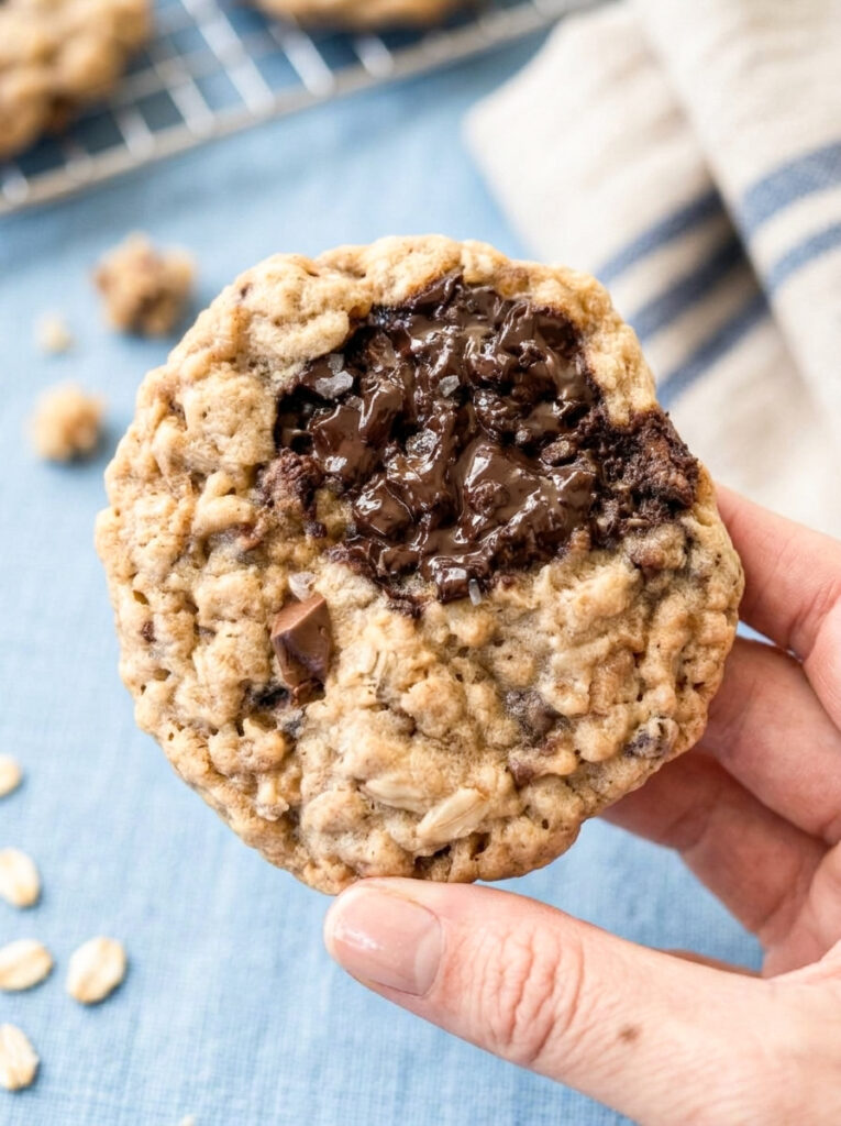 Dark chocolate oatmeal cookie with sea salt held in a hand.