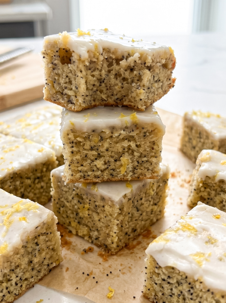 Three square blondies with white icing and lemon zest are stacked on parchment paper, surrounded by more blondies.
