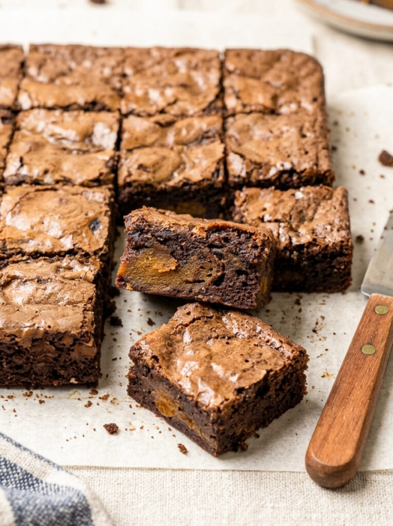 A grid of sliced chocolate brownies with orange pumpkin swirled inside resting on parchment paper next to a wooden knife.