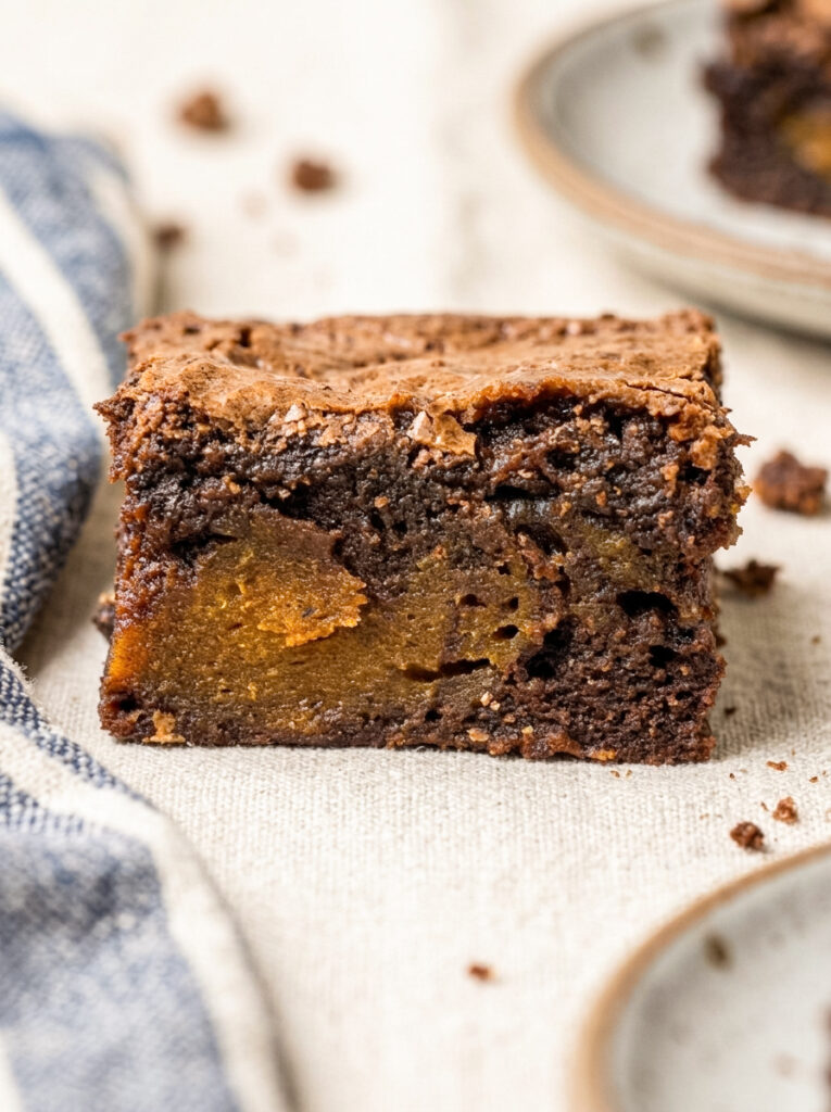 A thick chocolate brownie square with a pumpkin swirl in the centre sits on a beige cloth next to a blue striped towel.