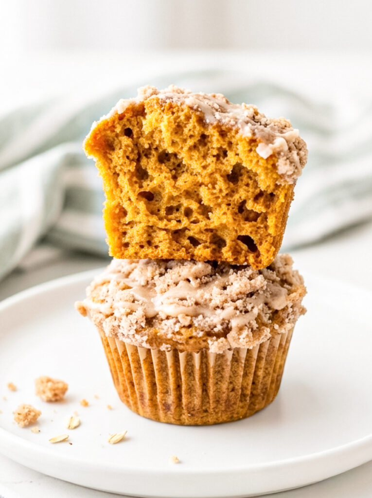Pumpkin streusel muffin halved and stacked on a glazed muffin